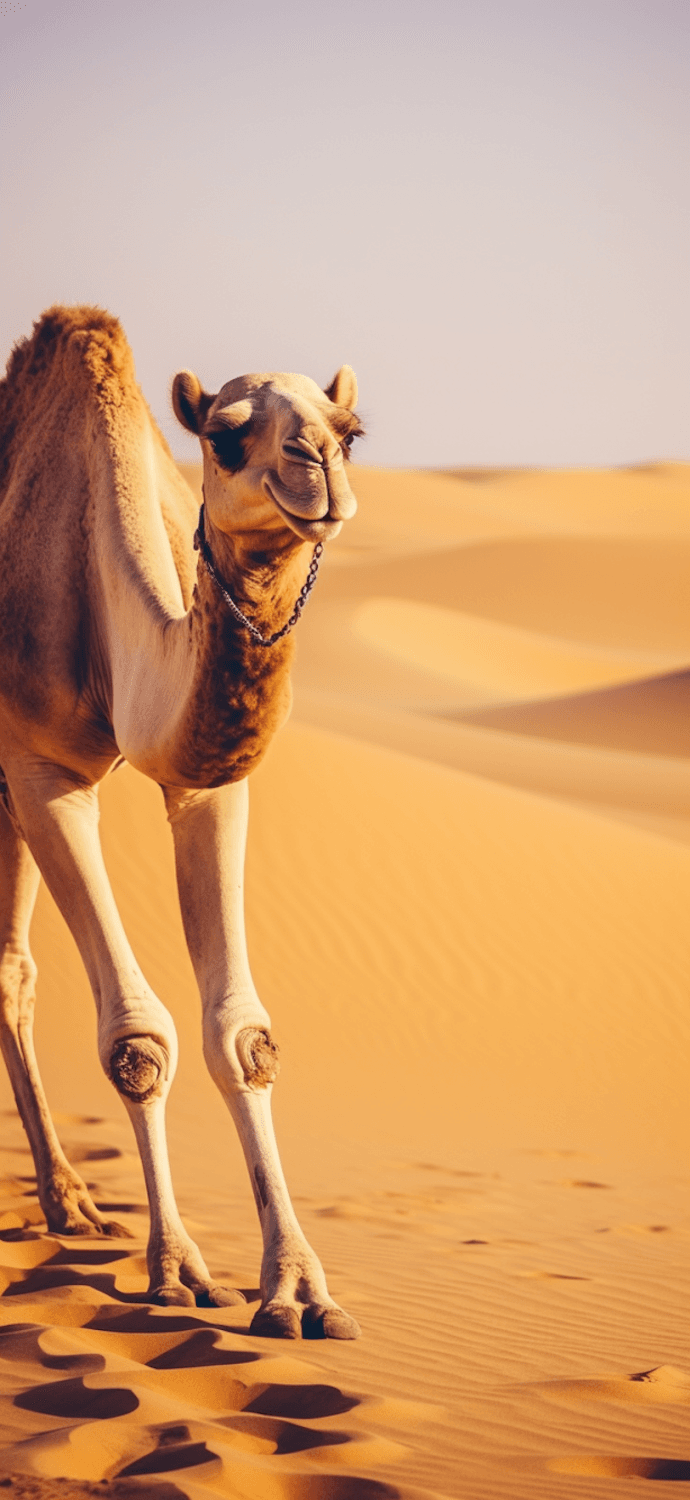 A camel standing on golden sand dunes in the Thar Desert