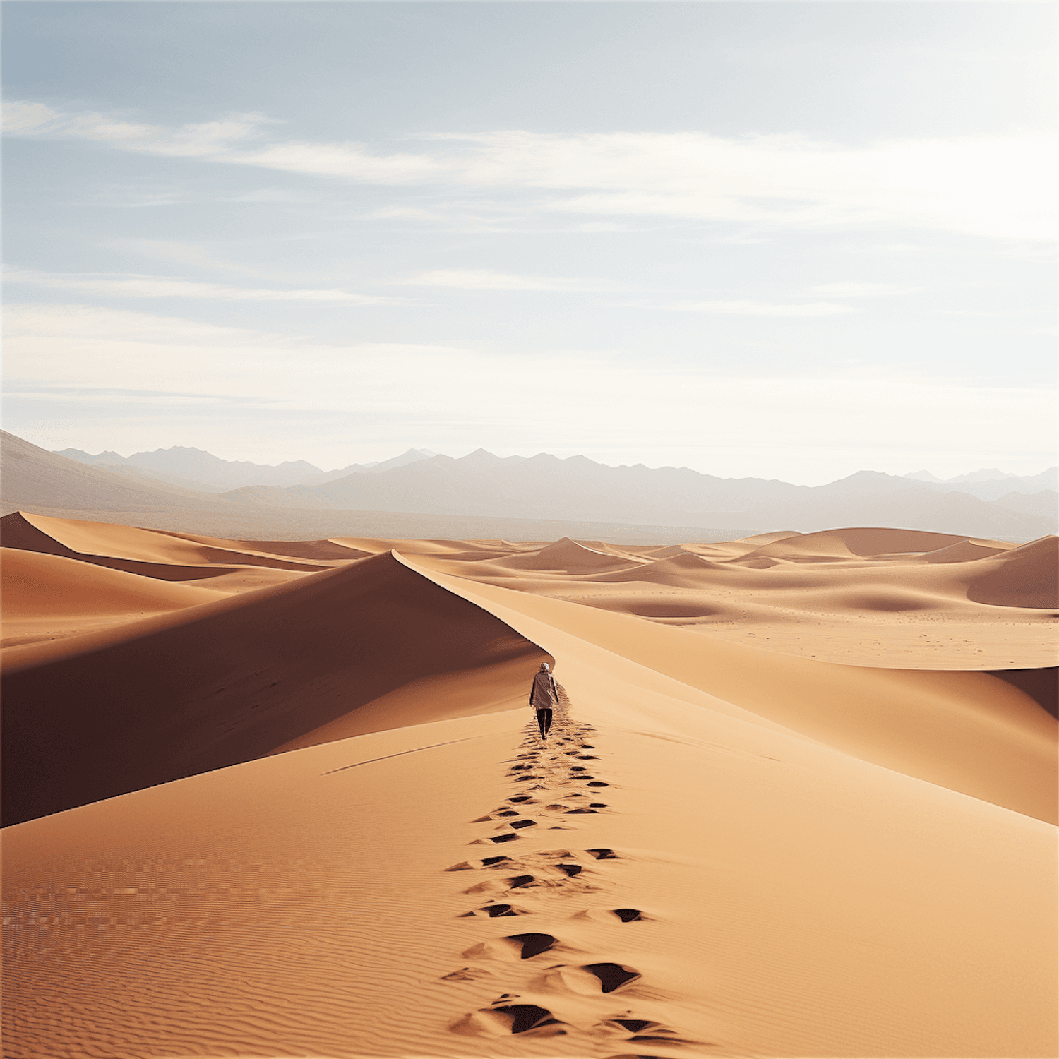 A traveller walking along a ridge of golden sand dunes, leaving footprints behind