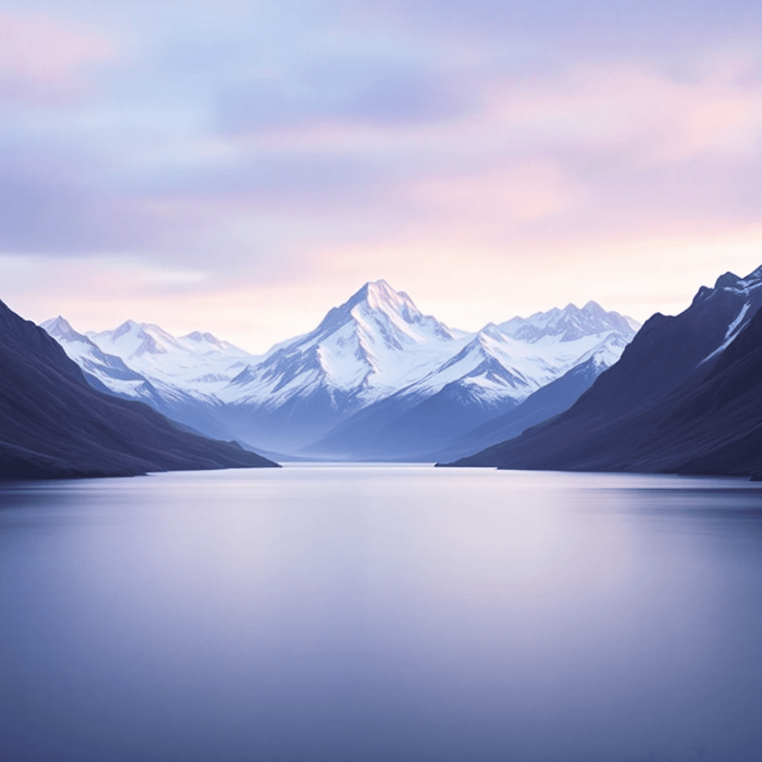 A calm mountain lake framed by snow-capped peaks under a pastel sky